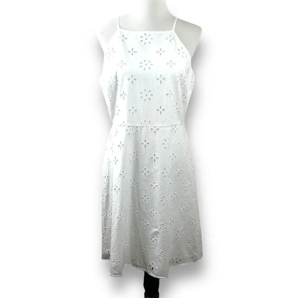 Loft Women's Size 10 Square Neck Eyelet Lace White Mini Dress 100% Cotton New